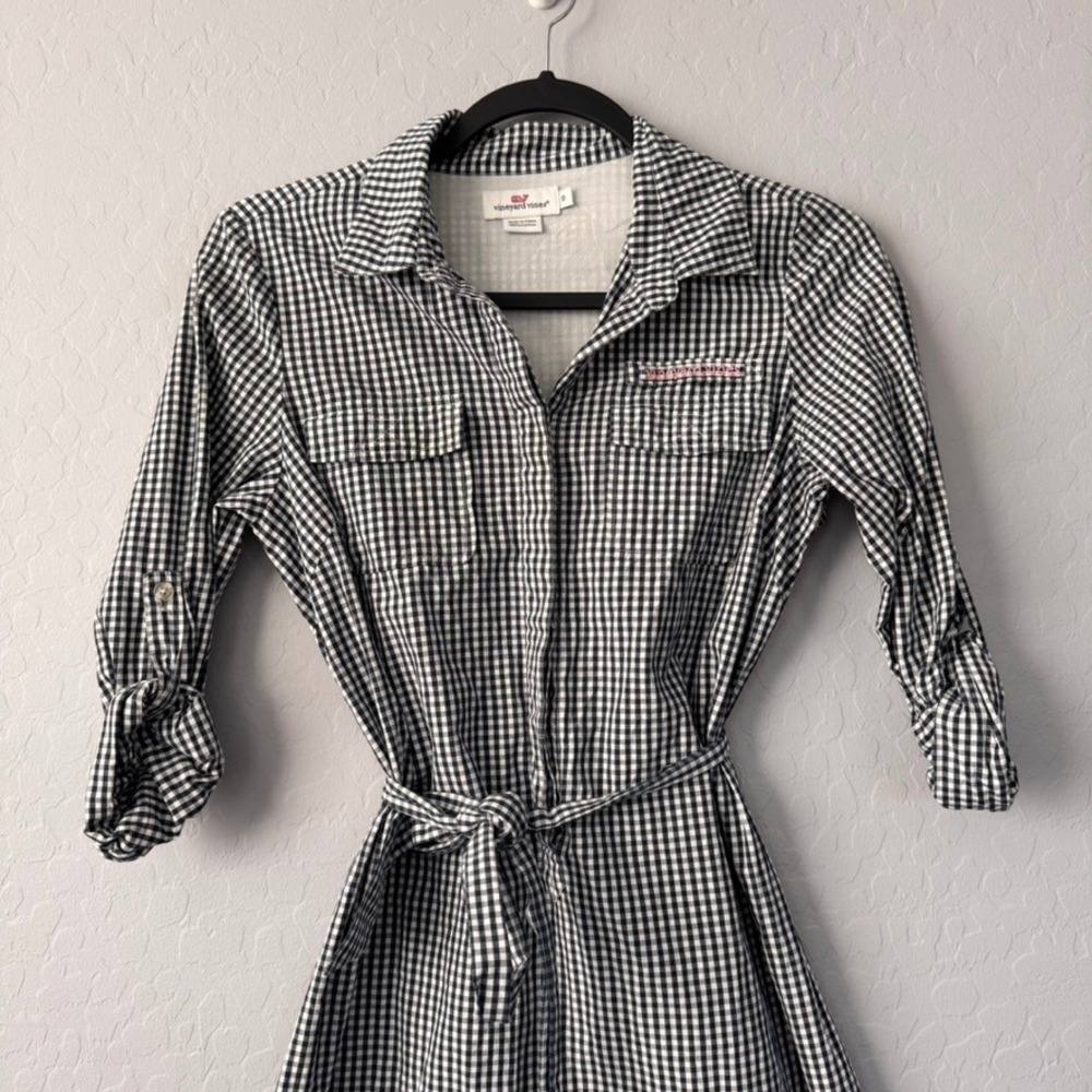 Vineyard Vines Gingham Shirt Dress Belted Roll Tab Sleeve Casual Blue White 0 - Picture 3 of 8